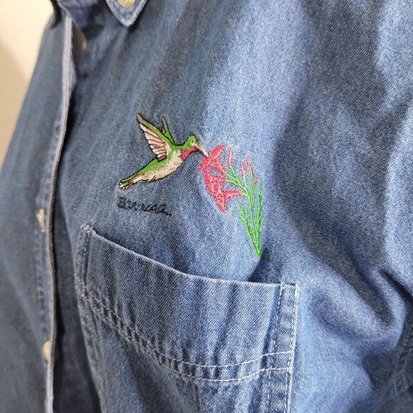 Blue Generation large button front embroidered humming birds flower pocket - Picture 5 of 15